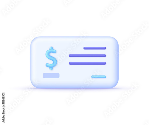 3D Bank check isolated on white background. Dollar check icon. Cheque book icon. Can be used for many purposes. Trendy and modern vector in 3d style.