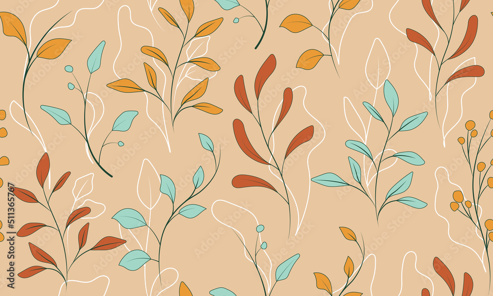 Vector botanical seamless pattern with leaves, branches. Bright illustration perfect for fabric design, textile, wrapping paper, wallpaper, decoration of card, cover, packaging. Abstract background.
