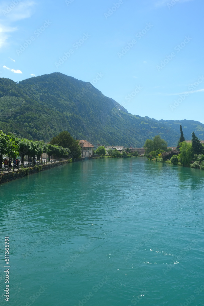 Selective focus picture of green Aare River in Interlaken with mountain and some house insight.