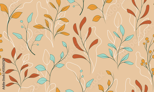 Vector botanical seamless pattern with leaves, branches. Bright illustration perfect for fabric design, textile, wrapping paper, wallpaper, decoration of card, cover, packaging. Abstract background. © Gulsim