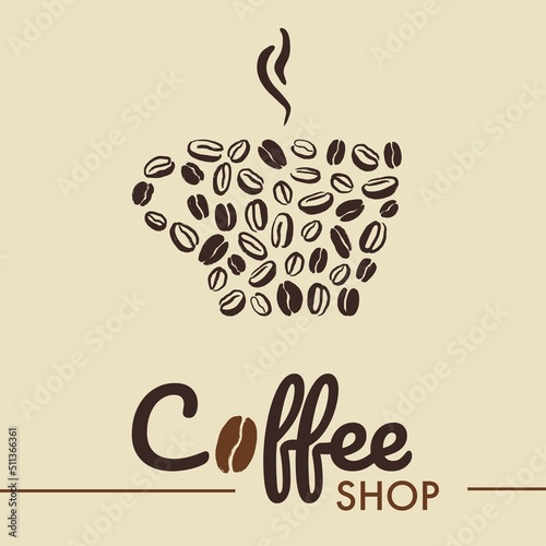 Coffee shop logotype of coffee beans  in the shape of a cup. Vector hand drawn illustration in brown color for coffee shop package, wallpaper, wrapping paper, menu.