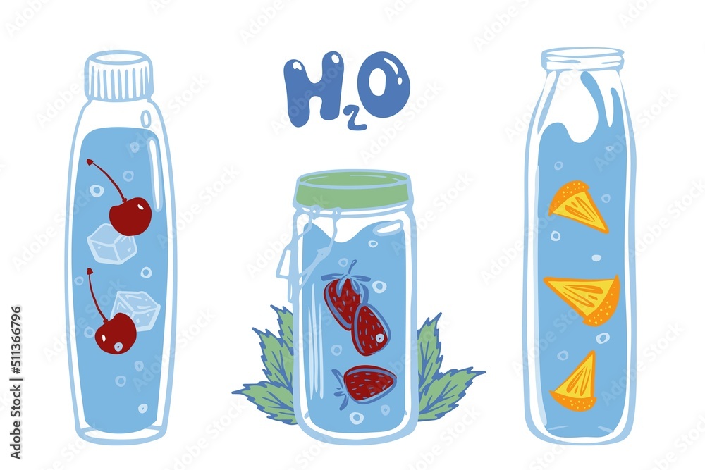 A bottles of drinking water set. Hand drawn line vector illustration isolated on white background. Water with mint leaves, cherry, Strawberry, lemon and ice. A bottles of drinking water set. Hand drawn line vector illustration isolated on white background. Water with mint leaves, cherry, Strawberry, lemon and ice.