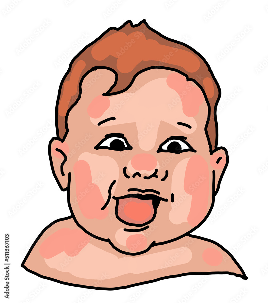 New born sweet baby face emotions. Little happy child surprised with open mouth. Hand drawn character illustration. Retro vintage comic cartoon line style drawing.