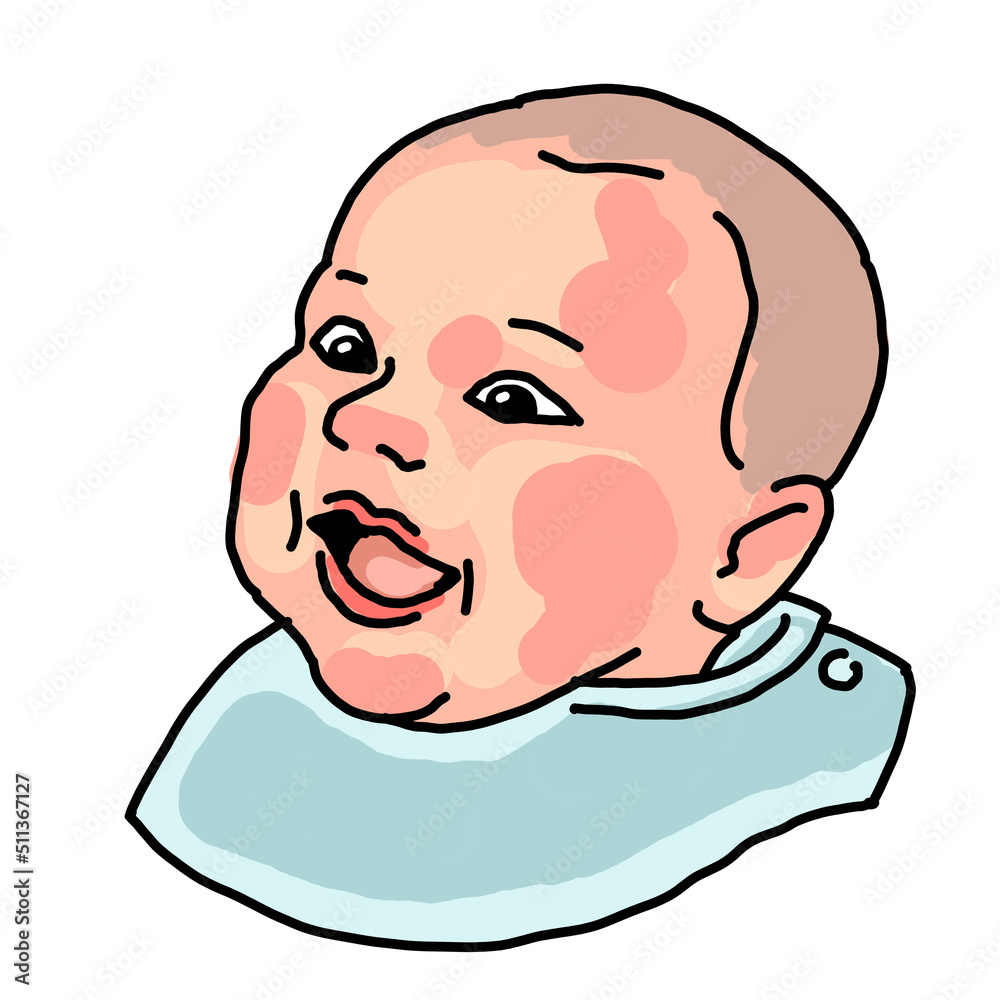 New born sweet baby face emotions. Little happy child surprised with open mouth. Hand drawn character illustration. Retro vintage comic cartoon line style drawing.