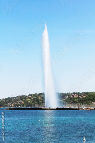 Famous Geneva fountain on Geneva lake in Switzerland.