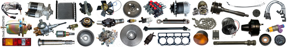 Auto parts on a white background. A set with many isolated items for a store or secondary market. Auto parts on a white background. A set with many isolated items for a store or secondary market.