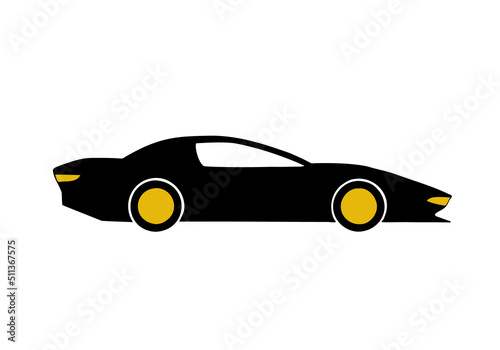 Black sports car with gold alloy caps on wheels. Hand Drawn. Freehand drawing. Doodle. Sketch.	