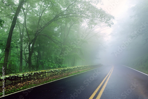 Skyline Drive in the Shenandoah National Park on a foggy and rainy evening
