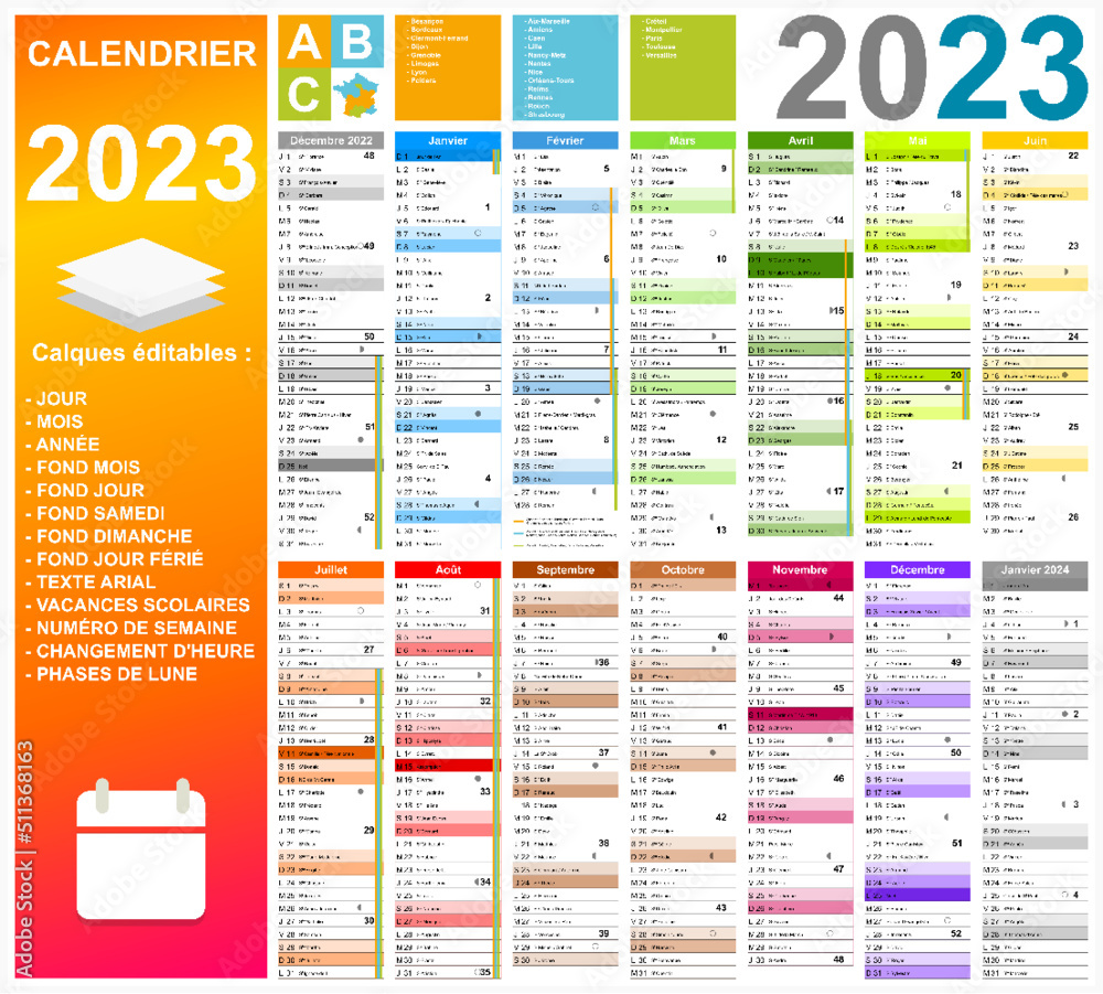 Calendrier 2023 14 mois avec vacances 2023 entièrement modifiable via