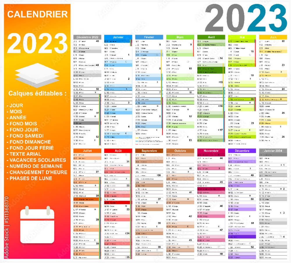 Calendrier 2023 14 mois avec vacances 2023 entièrement modifiable via calques