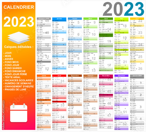 Calendrier 2023 14 mois avec vacances 2023 entièrement modifiable via calques
