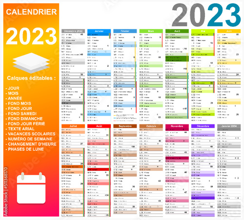 Calendrier 2023 14 mois avec vacances 2023 entièrement modifiable via calques