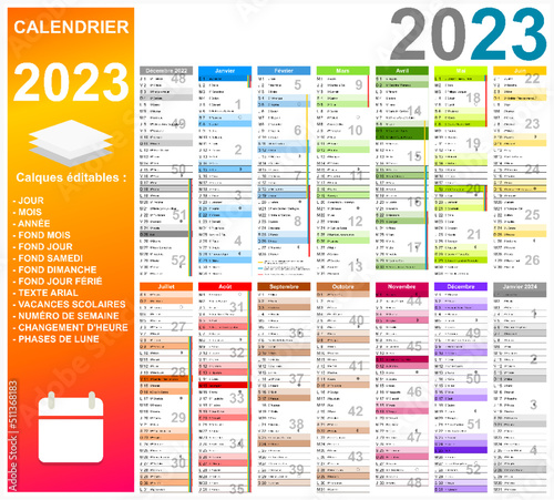 Calendrier 2023 14 mois avec vacances 2023 entièrement modifiable via calques