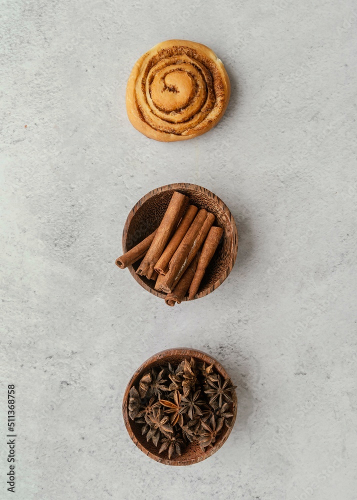 Cinnamon roll, sticks and spices