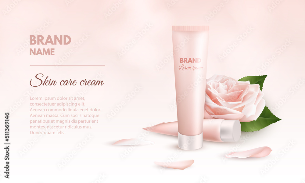 Realistic 3D banner template for skin care cream. Ad Packaging mockup for cosmetic and medical products with Two tube of cream, flower and petals rose. Vector illustration Realistic 3D banner template for skin care cream. Ad Packaging mockup for cosmetic and medical products with Two tube of cream, flower and petals rose. Vector illustration