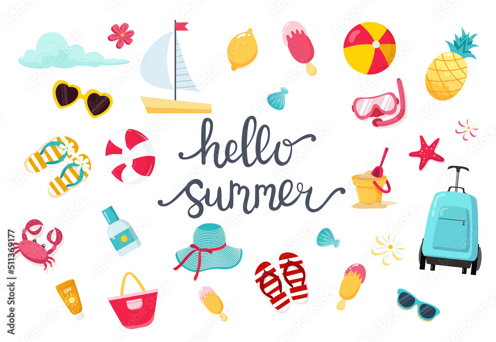 Summer set with cute beach elements bikini, flip flops, fruits, flowers, palm trees. Hand drawn flat cartoon elements. Vector illustration Summer set with cute beach elements bikini, flip flops, fruits, flowers, palm trees. Hand drawn flat cartoon elements. Vector illustration