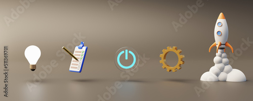 Business development process. Idea, validation, start, work and success. 3d rendering with copy space.