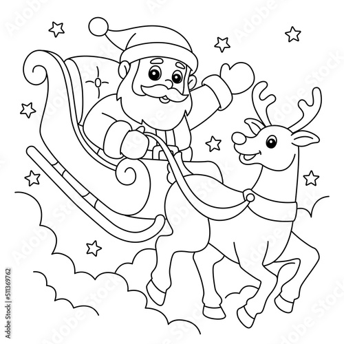 Christmas Santa Sleigh And Reindeer Coloring Page