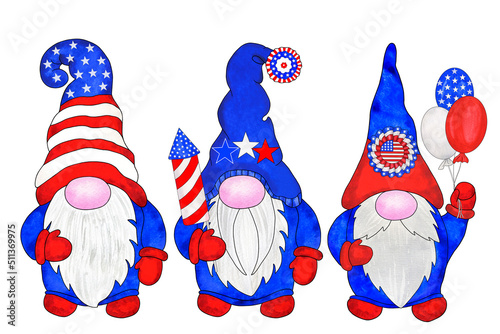 Three patriotic gnomes in colors of American flag