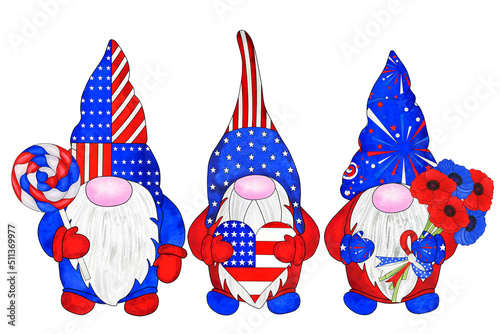 Three patriotic gnomes in colors of American flag photo