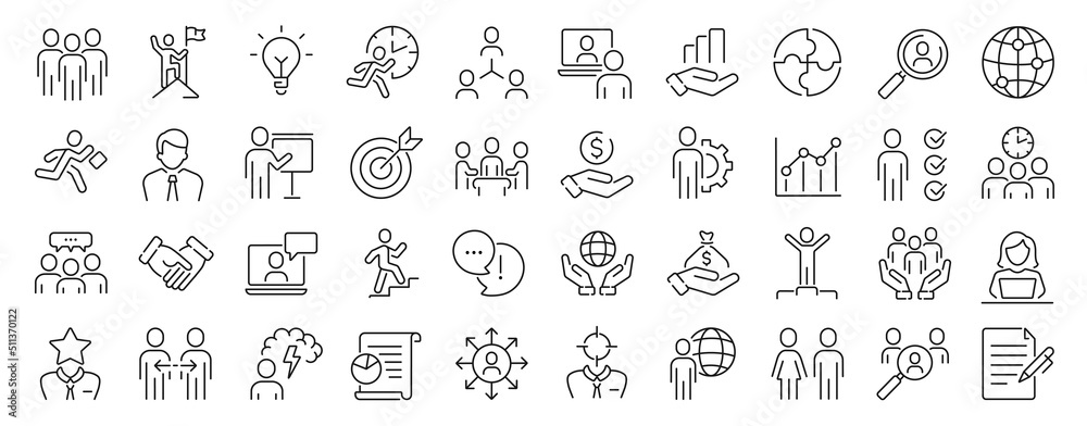 Business people icons set. Human resources, office management - thin line web icon set. Businessman outline icons collection. Outline icons collection.
