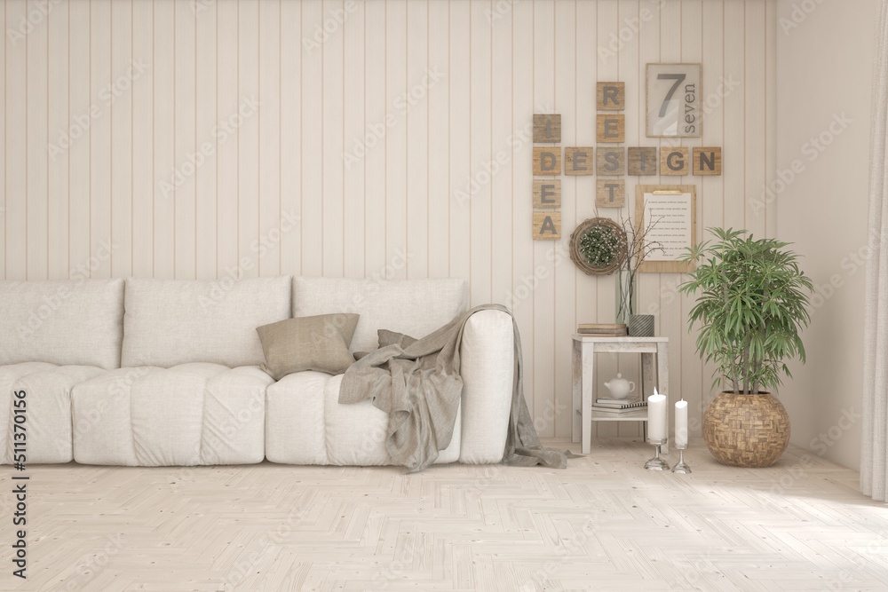 Obraz premium Modern living room in white color with sofa. Scandinavian interior design. 3D illustration