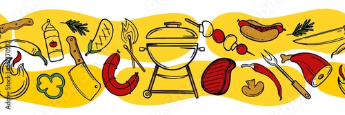 Horizontal pattern with grill and barbecue elements for restaurant bar cafe menu on yellow and white background Vector illustration of doodles