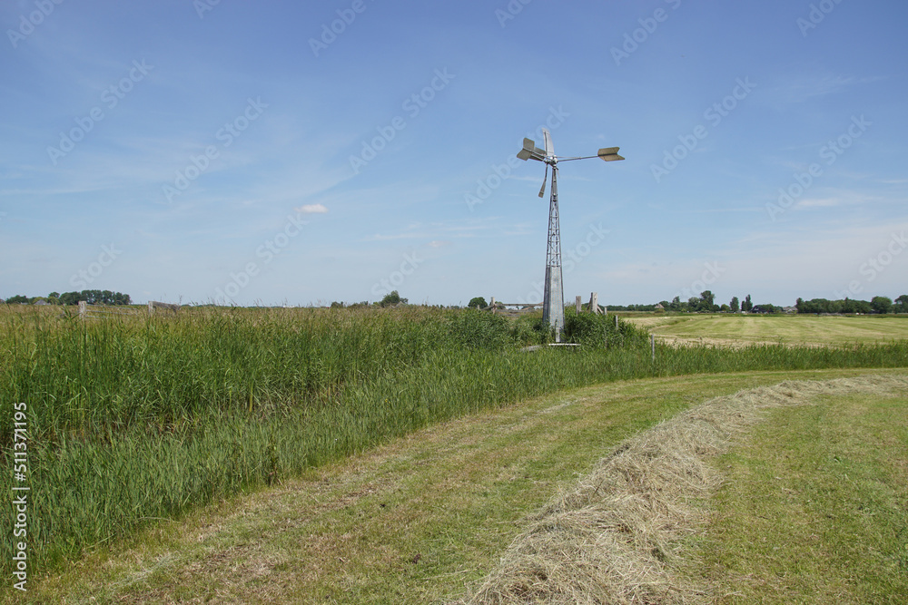 Small, metal windmill with a wind vane that pumps water in a Dutch pasture landscape near the village of Bergen. Meadows, June, Netherlands. Small, metal windmill with a wind vane that pumps water in a Dutch pasture landscape near the village of Bergen. Meadows, June, Netherlands.