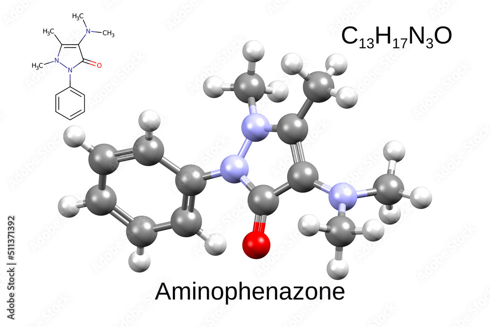 Chemical formula, skeletal formula, and 3D ball-and-stick model of the nonsteroidal anti-inflammatory drug aminophenazone, white background Chemical formula, skeletal formula, and 3D ball-and-stick model of the nonsteroidal anti-inflammatory drug aminophenazone, white background