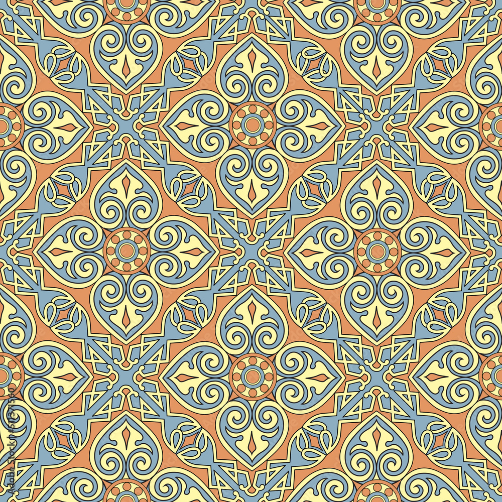 Abstract floral seamless pattern. Mosaic floral ornamental background. Muslim ornament in arab orient style. Arabic, Indian motifs. Good for fabric, textile, wallpaper or package background design
