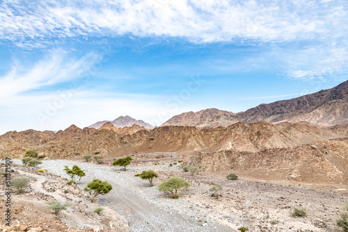 dry riverbed between arid and rocky Mountains with copy space in the sky, Ras Al Khaimah Emirates, United Arab Emirates (UAE), Middle East