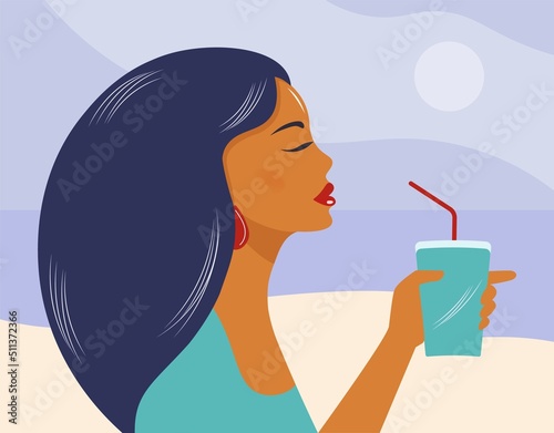 Stylish girl drinks a refreshing drink. Design for summer banner, cover, poster in minimalist flat style. A woman with a plastic cup quenches her thirst in nature. Summer vacation, relaxation. Vector