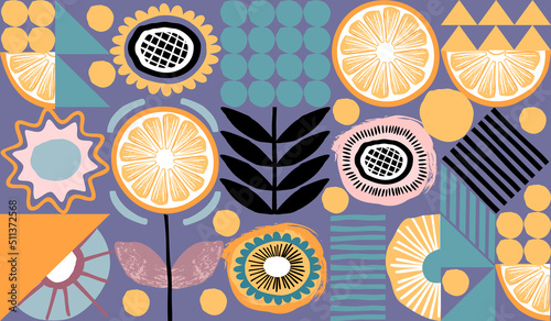 Abstract geometric seamless pattern with lemon slices and rough shapes in yellow,blue and lilac colors.Trendy background and texture for printing on fabric and paper.Vector hand drawn illustration.