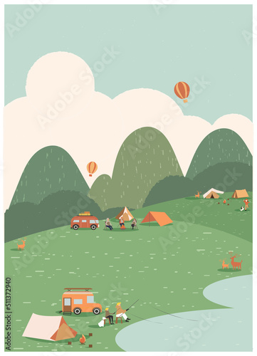 Summer mountain camping.School’s out  stories of children and families enjoying their long-awaited vacations and staycations.Let’s go to summer