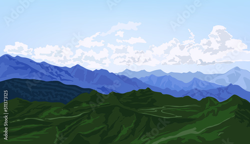 Mountain and hills landscape. Rural skyline. Hills resort view background
