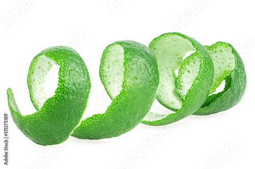 Lime fruit peel isolated on a white background. Fresh lime zest.