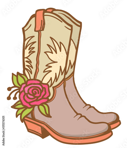 Cowboy boots with American traditional ornate and roses floral decor. Outline vector illustration isolated on white for print