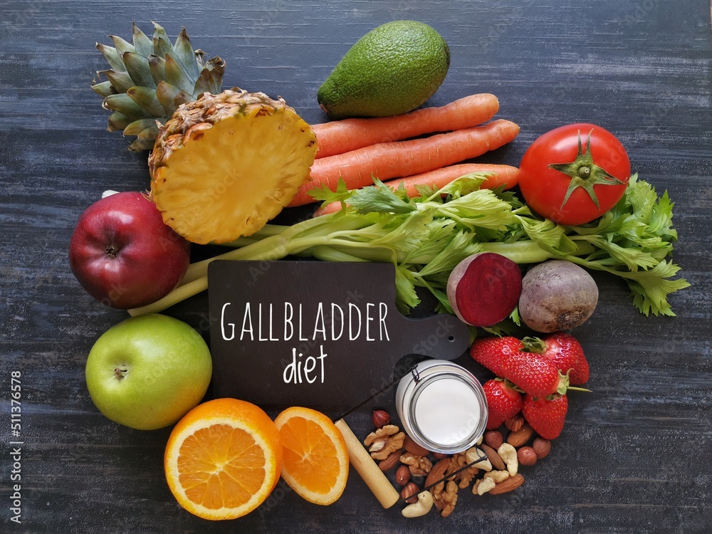 Food for gallbladder health. Bile healthy foods. Fresh fruit and