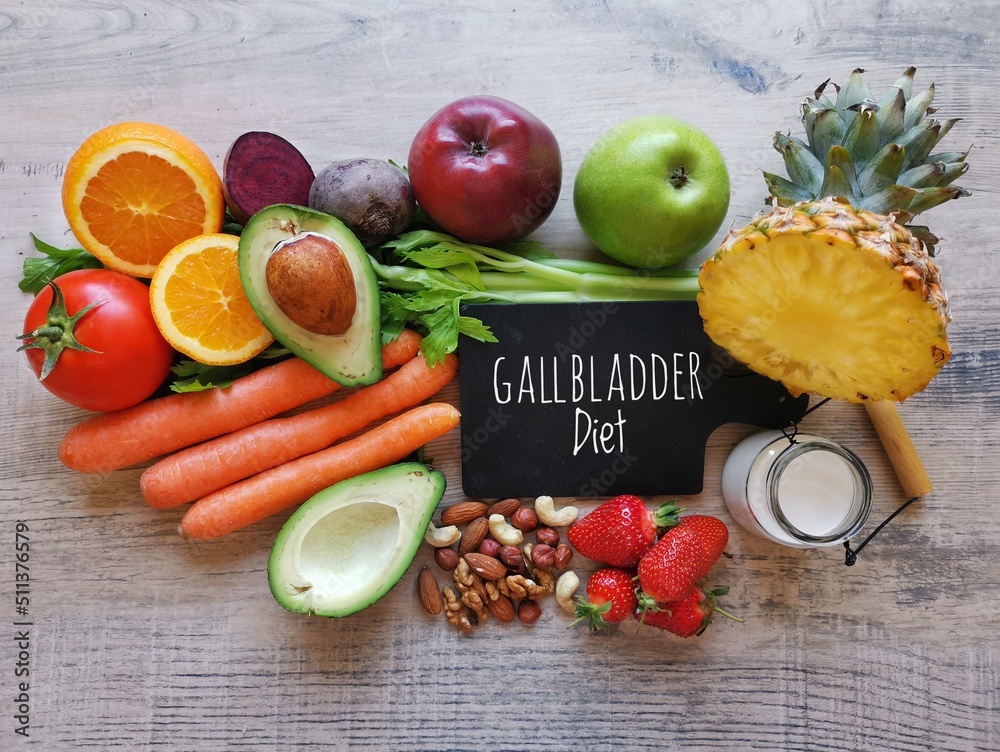 Food for gallbladder health. Bile healthy foods. Fresh fruit and vegetable  high in fiber, diet concept after gallbladder surgery. Diet for gallbladder  stone. Celery, apple, nuts, berries, carrot, beet Stock Photo