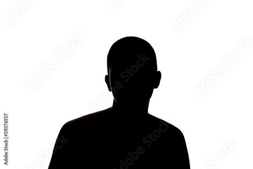 Silhouette of a girl with very short hair. Studio portrait against white background...