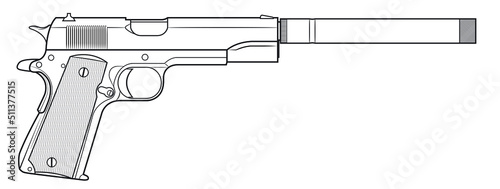 Vector illustration of the Colt 1911 automatic pistol with silencer on the white background