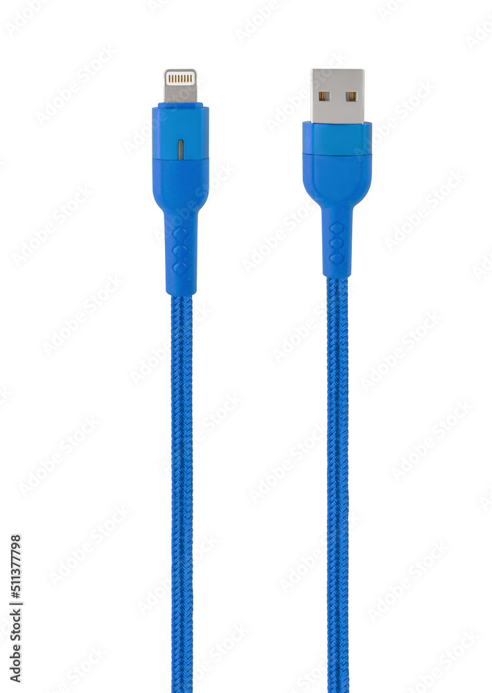connector with cable, USB, Lightning, blue, isolated on white background connector with cable, USB, Lightning, blue, isolated on white background