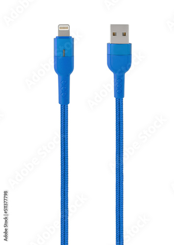 connector with cable, USB, Lightning, blue, isolated on white background