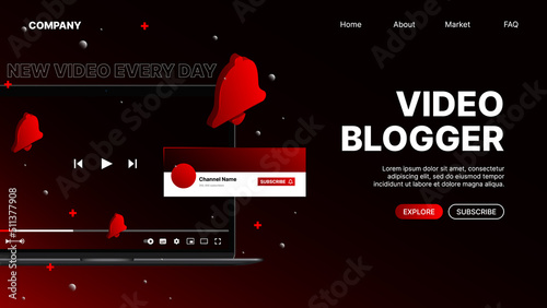 Video Blogger Website Template. Red Landing Page for Content Maker. Vector illustration