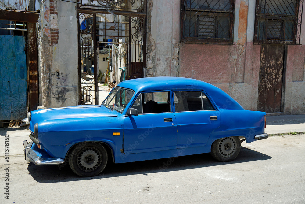 blue old classic car in the streets of havana