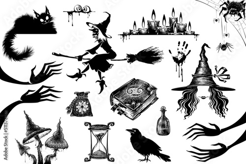 Hand drawn collection of halloween silhouettes icon and character.Sorceress collection.
Occult elements in graphic style.Witchcraft mystical magic elements. 