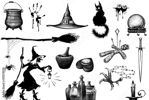 Hand drawn collection of halloween silhouettes icon and character.Sorceress collection.
Occult elements in graphic style.Witchcraft mystical magic elements. 