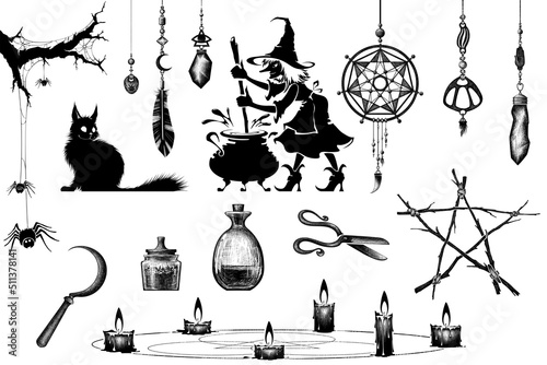 Hand drawn collection of halloween silhouettes icon and character.Sorceress collection.
Occult elements in graphic style.Witchcraft mystical magic elements. 