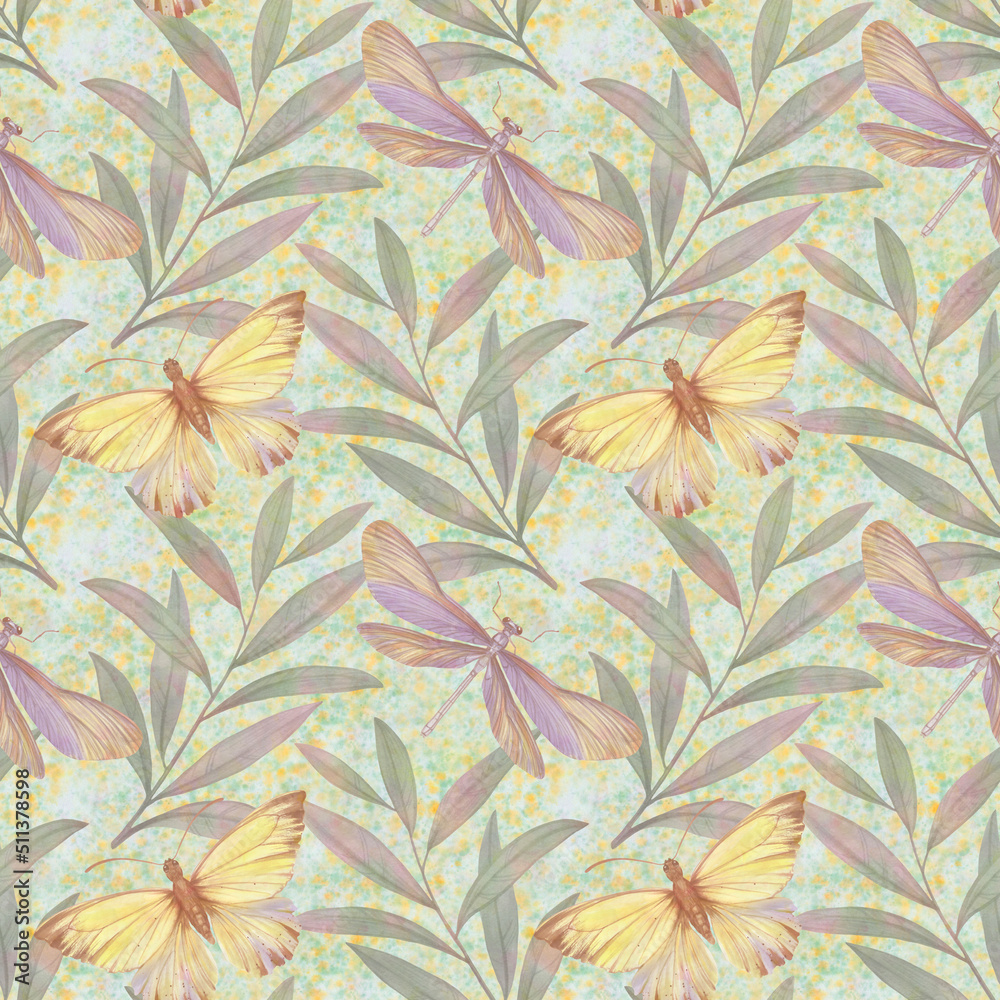 Abstract seamless background of leaves and butterflies for design, fabric, wallpaper, wrapping paper. Graceful botanical drawing. Watercolor illustration processed in a digital program. Abstract seamless background of leaves and butterflies for design, fabric, wallpaper, wrapping paper. Graceful botanical drawing. Watercolor illustration processed in a digital program.