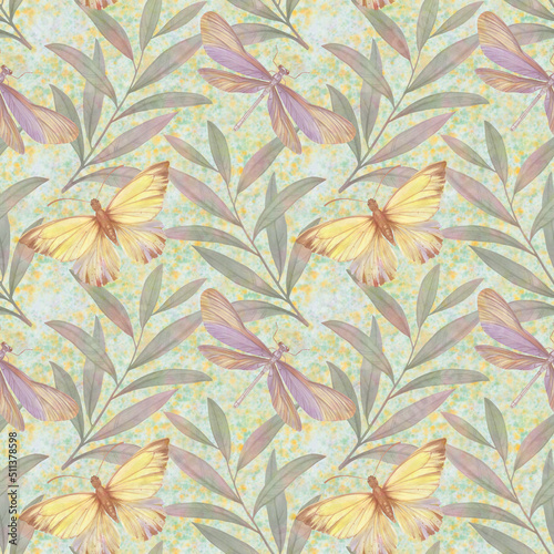 Abstract seamless background of leaves and butterflies for design, fabric, wallpaper, wrapping paper. Graceful botanical drawing. Watercolor illustration processed in a digital program.